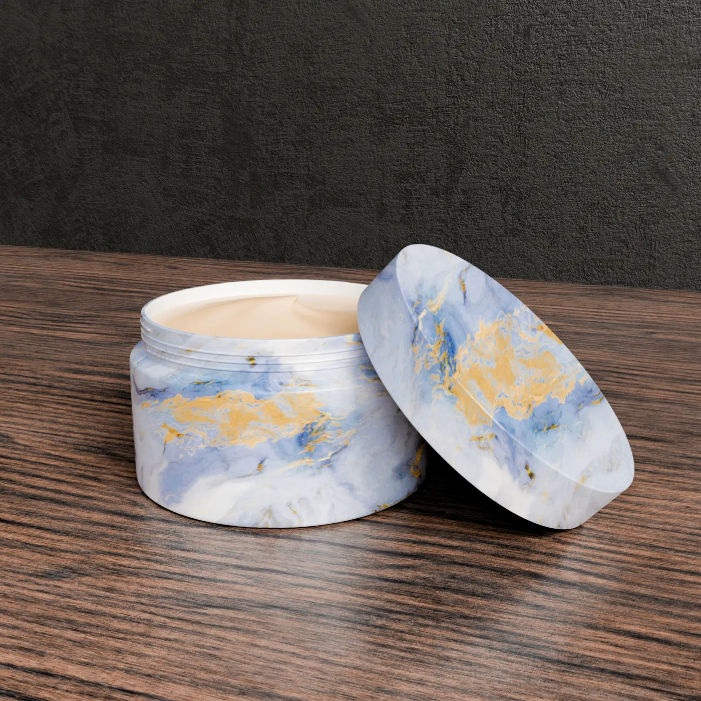 Marble finish cosmetic jar on a wooden surface