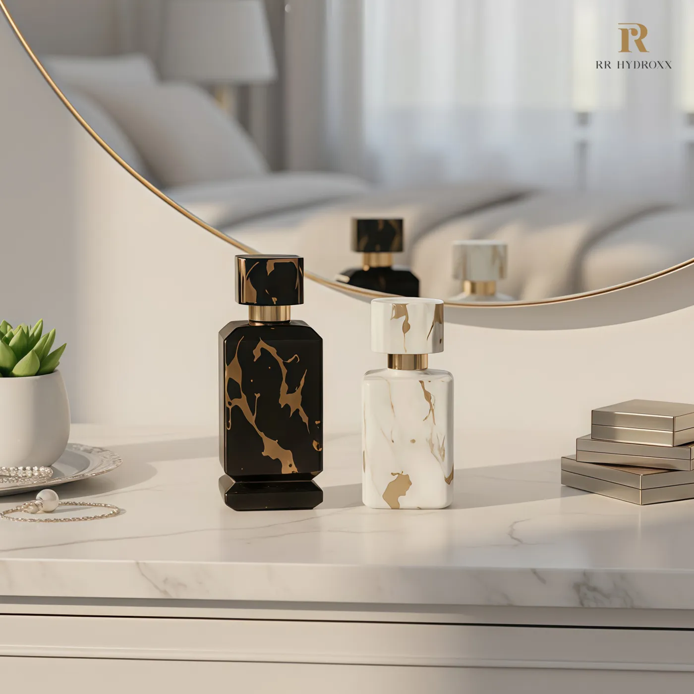 Marble and gold hydrographic printed perfume bottles