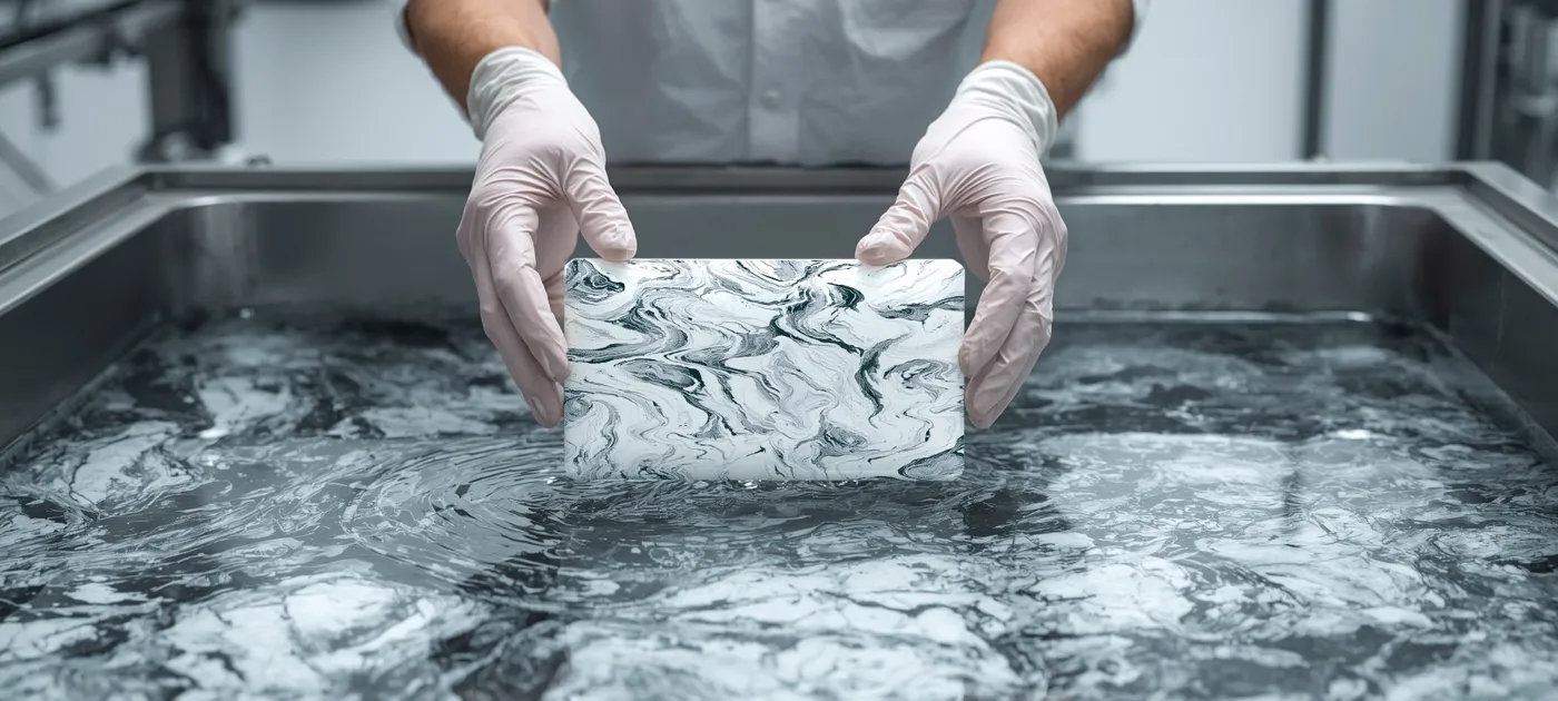 Gloved hands dipping a marble finish part into water